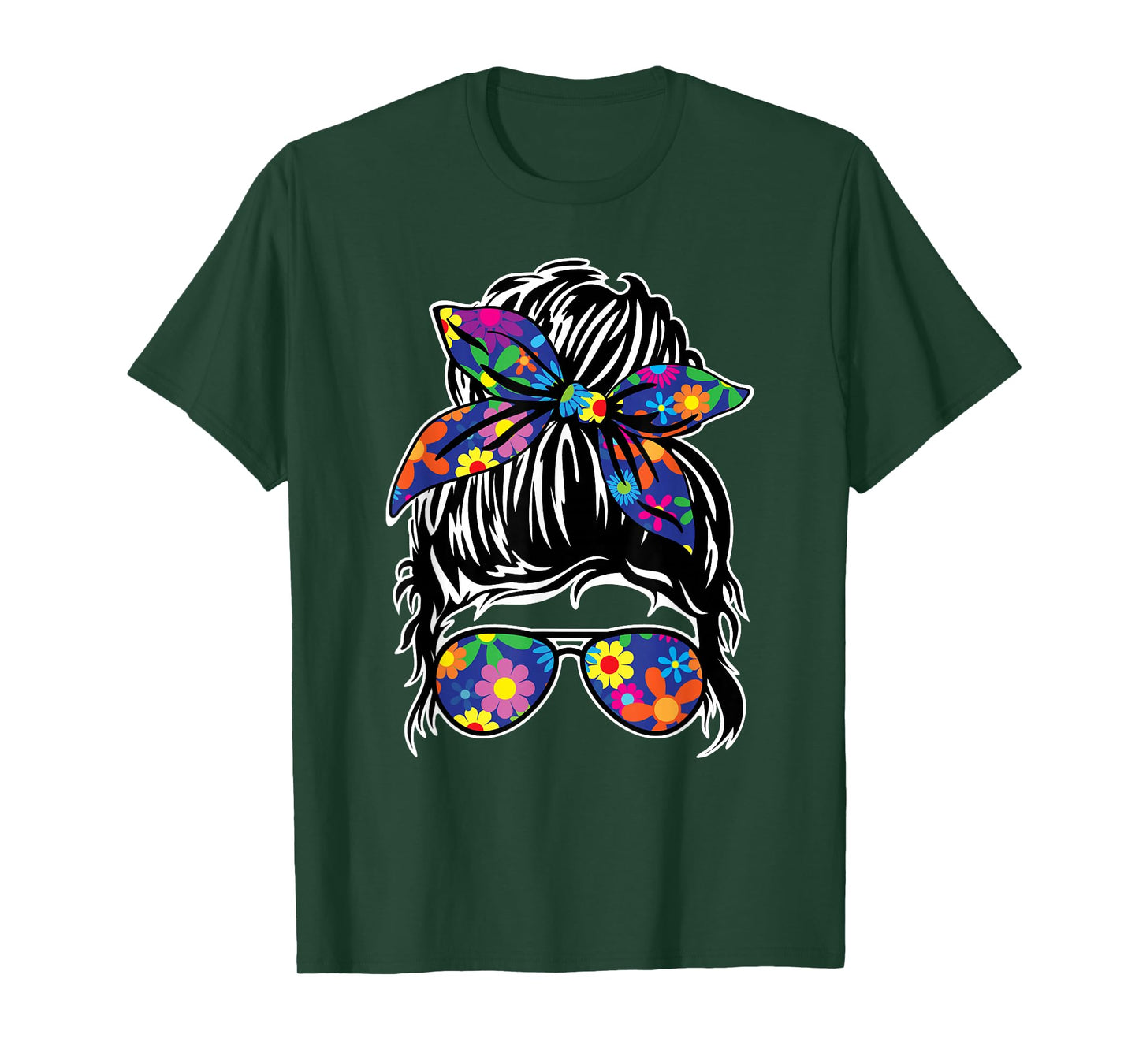 Messy Hair Bun with Bandana Ribbon and Sunglasses Design T-Shirt