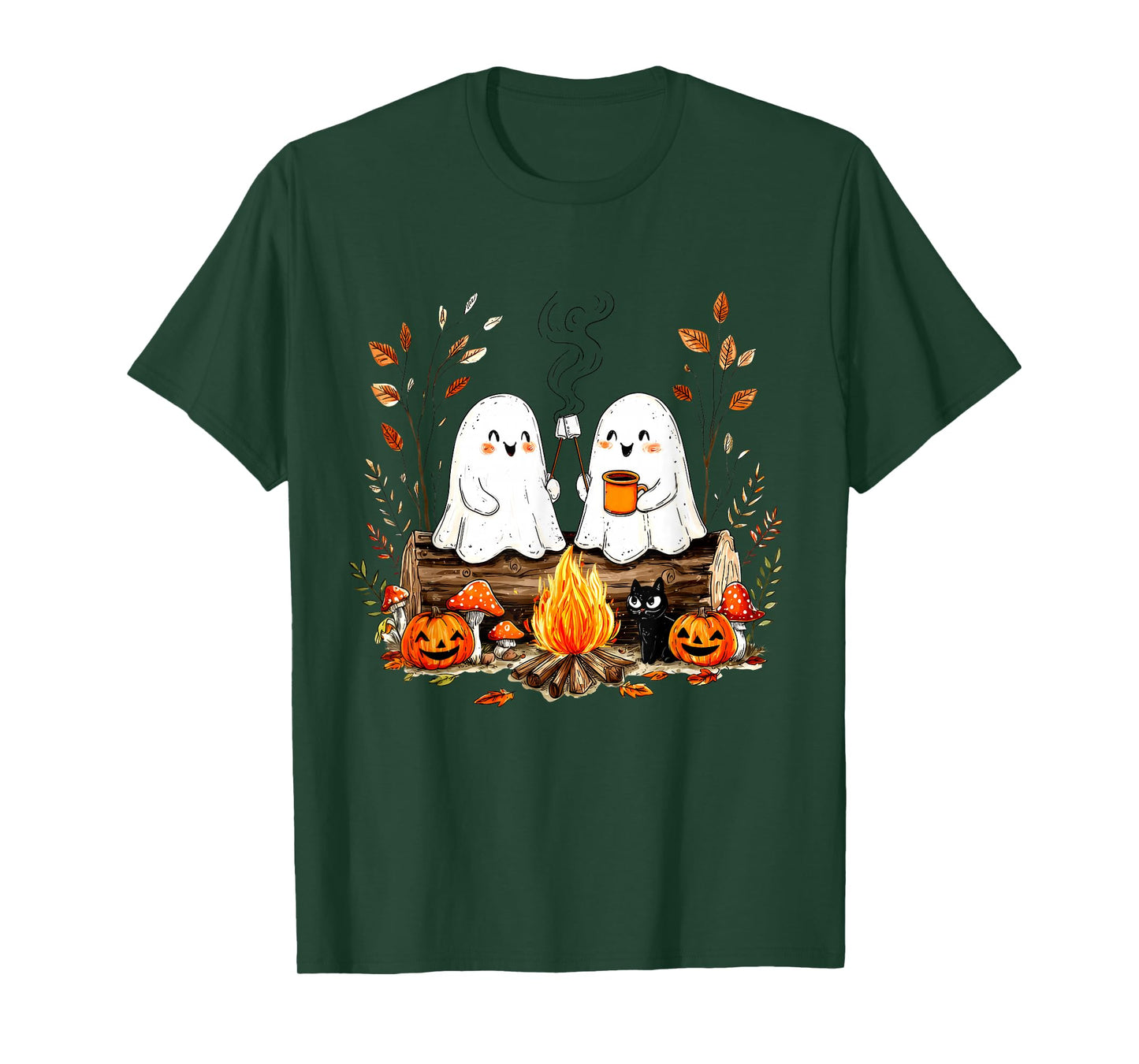 Cute Ghosts Campfire Halloween with Cats and Pumpkins T-Shirt