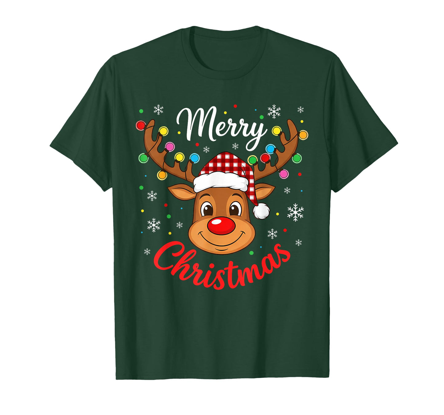 Merry Christmas Reindeer Santa Hat Holiday Matching Family T-Shirt