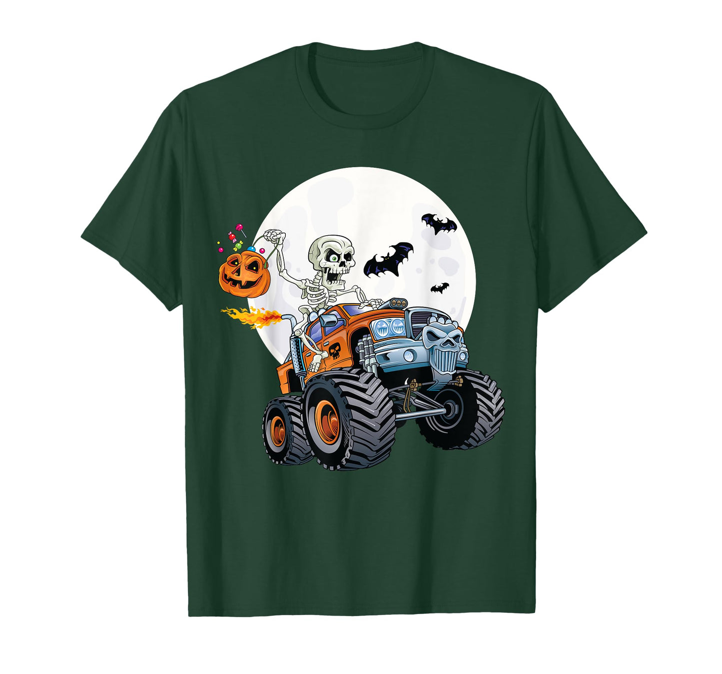 Skeleton Monster Truck Creepy Halloween Jack O Lantern Kids T-Shirt