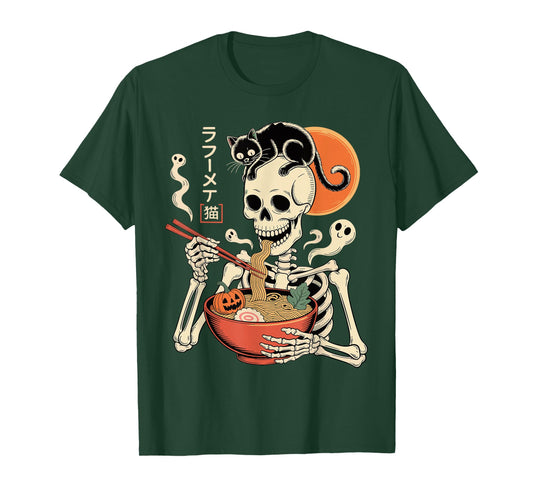 Spooky Skeleton Eating Ramen Bowl with Cat Halloween Art T-Shirt
