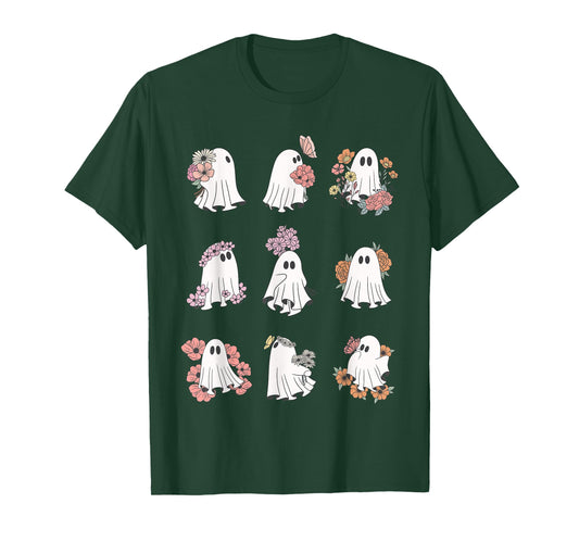 Cute Ghost Floral Plant Design Halloween Ghost With Flowers T-Shirt