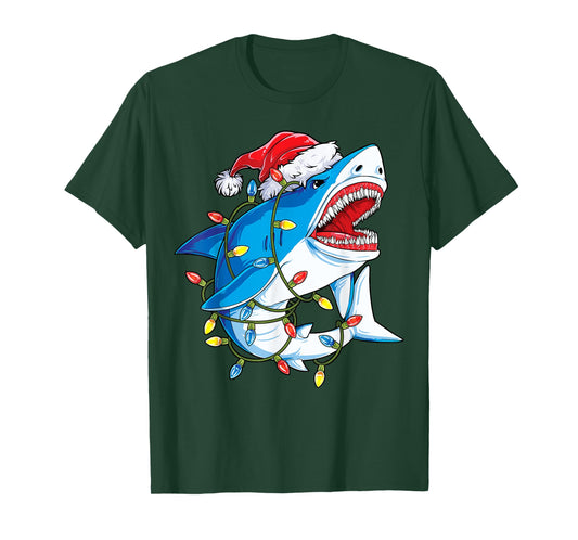 Santa Shark Christmas Lights Sharkmas Tree Xmas Boys Men T-Shirt