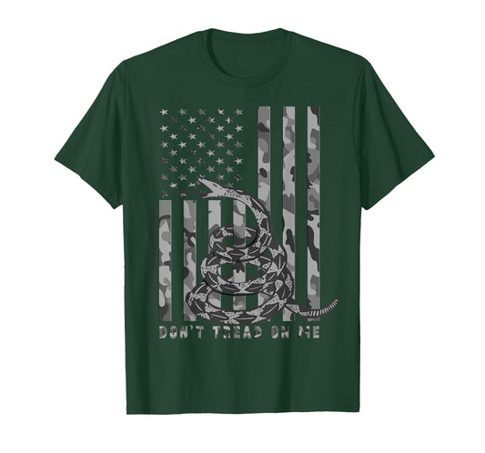 Don't Tread on Me White Camo American Flag Snake T-Shirt