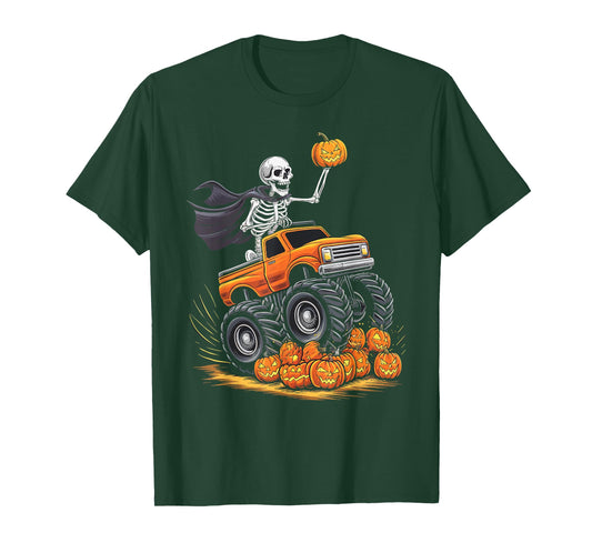 Skeleton Riding Monster Truck Halloween Pumpkin Kids Toddler T-Shirt