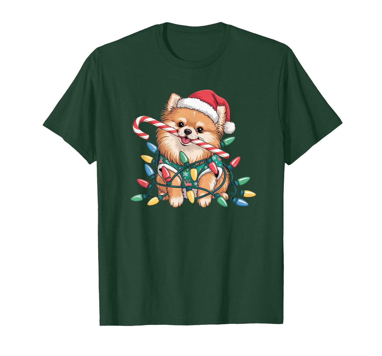 Cute Pomeranian Christmas Puppy Lights Santa Hat Candy Cane T-Shirt