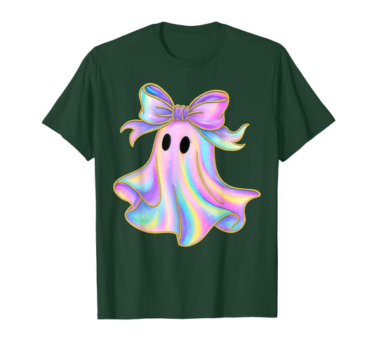 Pastel Rainbow Ghost Coquette Halloween Bow Cute Women Girls T-Shirt