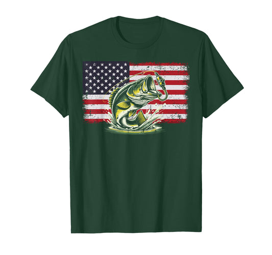 Bass Fishing USA Flag Fisherman Angler Patriot Men Women Kid T-Shirt