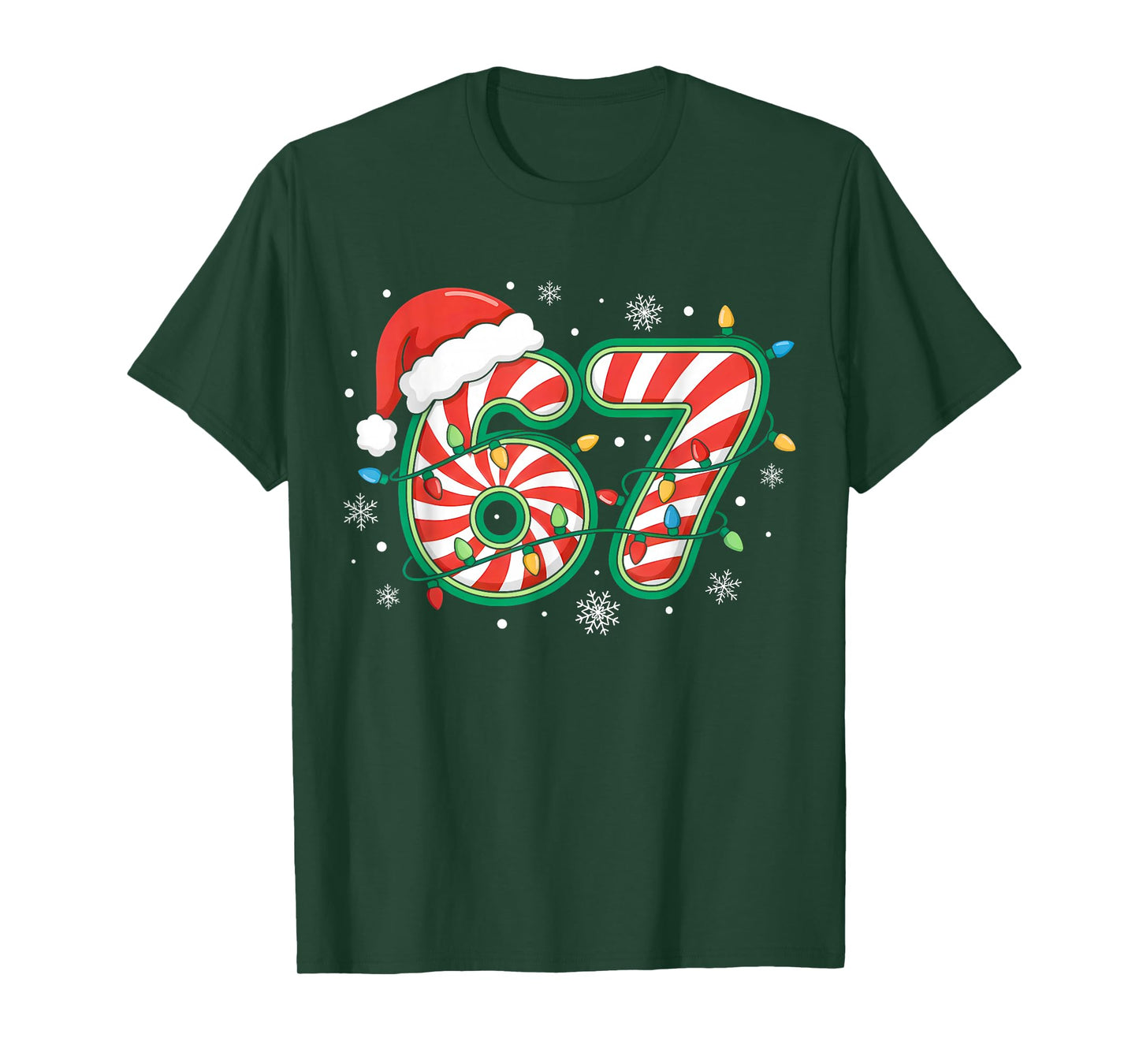 Christmas 67 Six Seven Meme Candy Cane Santa Hat Xmas Lights T-Shirt