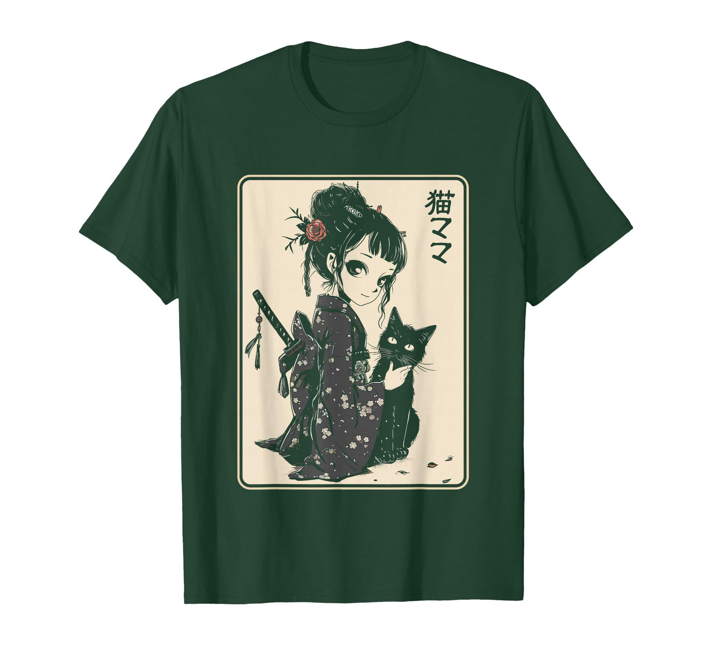 Japanese Gothic Kawaii Anime Samurai Cat Mom Woman Girls T-Shirt