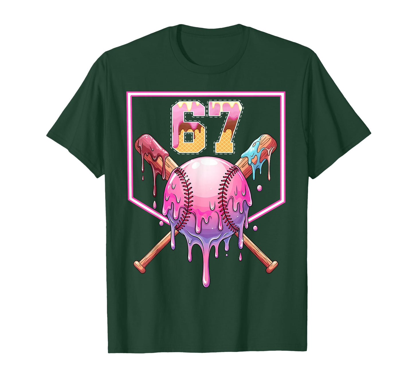 Baseball Ice Cream Drip Number 67 Player 67th Birthday Meme T-Shirt