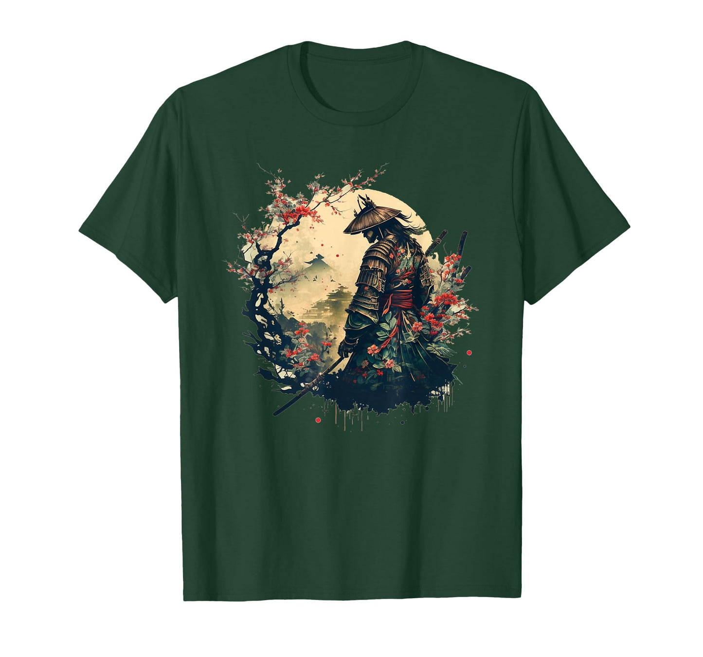 Samurai Warrior with Katana Mount Fuji Cherry Blossom Art T-Shirt