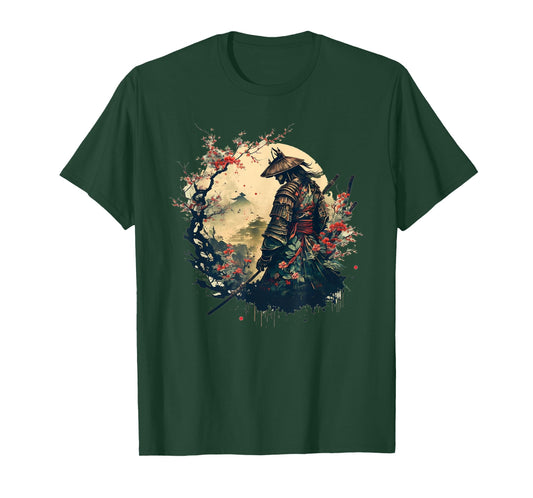 Samurai Warrior with Katana Mount Fuji Cherry Blossom Art T-Shirt
