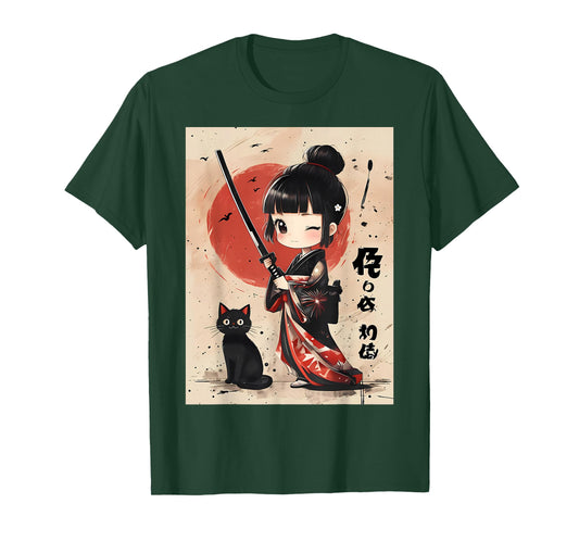 Cute Kawaii Samurai Girl with Katana Cat Japanese Anime T-Shirt