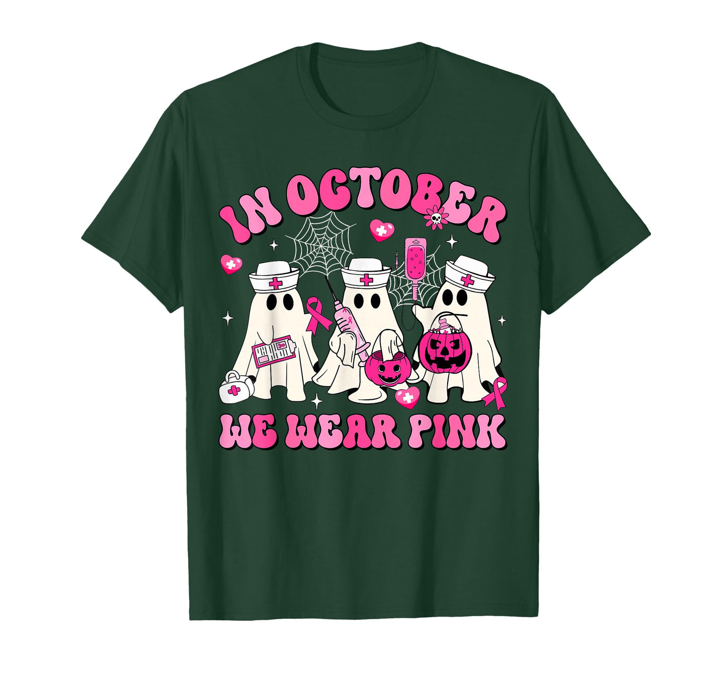 October We Wear Pink Nurse Ghost Halloween Breast Cancer T-Shirt