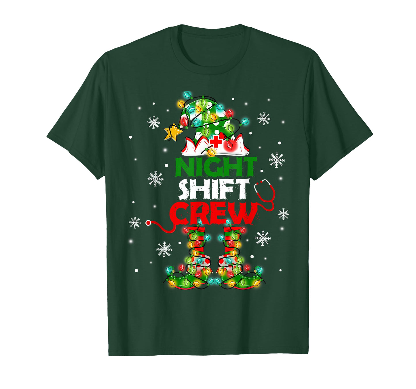 Funny Nurse Elf Christmas Lights Cute Xmas Night Shift Crew T-Shirt