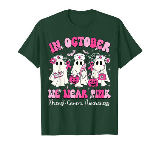 In October We Wear Pink Nurse Ghost Halloween Breast Cancer T-Shirt