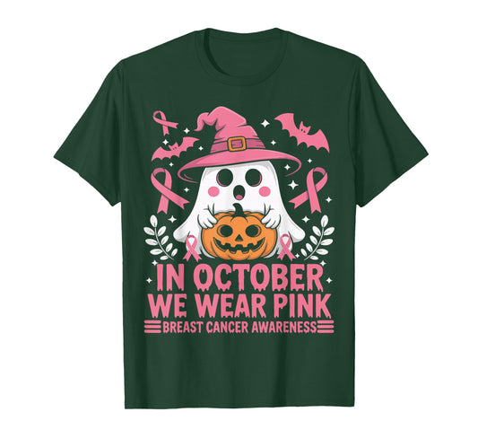in October We Wear Pink Cute Ghost Witch Hat Pumpkin T-Shirt