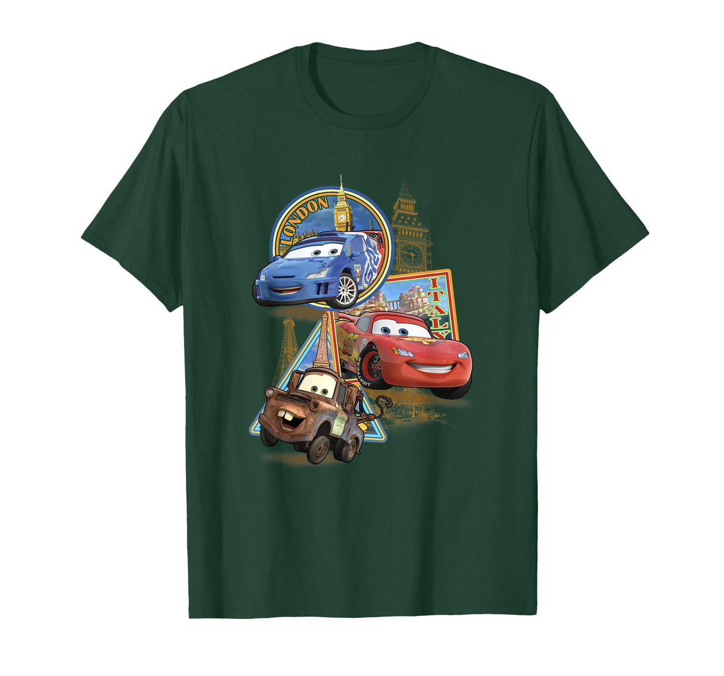 Disney Pixar Cars 2 London Italy Paris World Tour Postcards T-Shirt