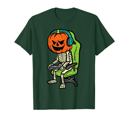 Halloween Gamer Skeleton Pumpkin Costume Men Boys Kids Teen T-Shirt