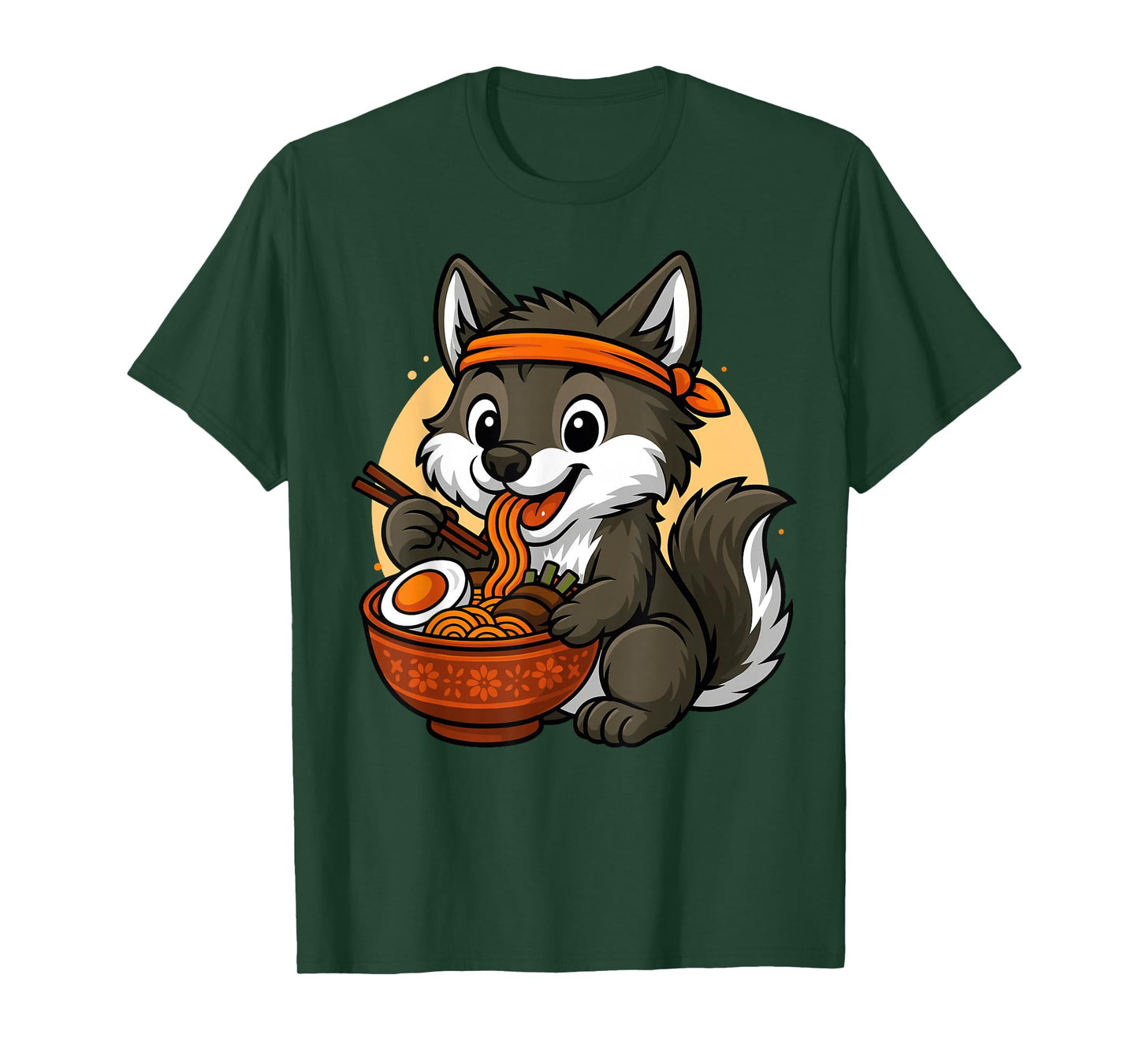 Kawaii Wolf Eating Ramen Graphic Japanese Wolf Graphic T-Shirt