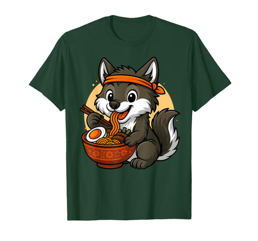 Kawaii Wolf Eating Ramen Graphic Japanese Wolf Graphic T-Shirt