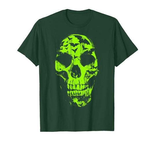 Halloween Neon Green Skull Bat Distressed T-Shirt
