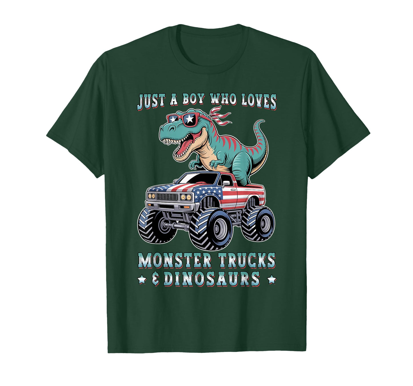 Just A Boy Who Loves Monster Trucks Dinosaurs Trex USA Flag T-Shirt