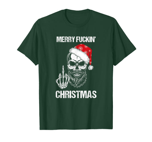 Funny Skull Santa Hat Merry Fuckin Christmas Pajama T-Shirt