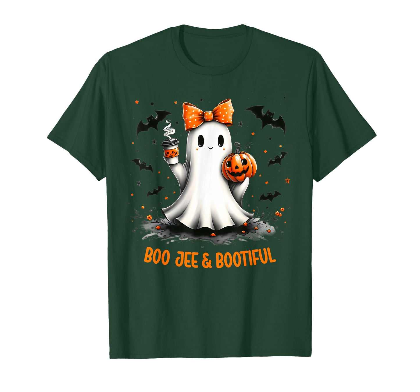 Boo Jee Ghost Drinking Coffee Coquette Bow Halloween Women T-Shirt