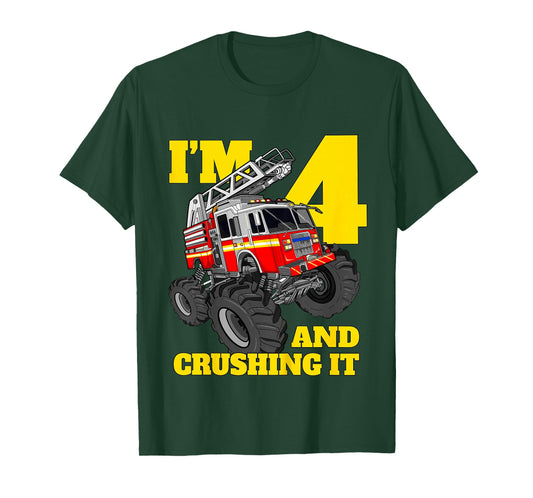 Kids Monster Fire Truck 4th Birthday Boy 4 Four Firefighter T-Shirt