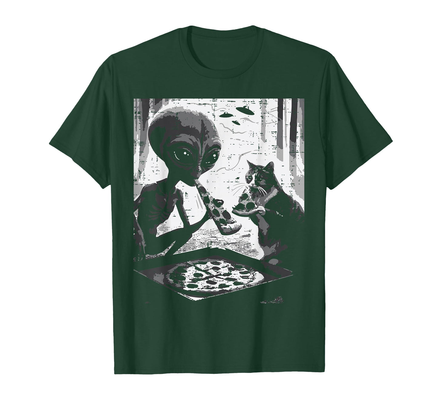 Alien And Cat Eating Pizza Funny Snack Food Men Women Kids T-Shirt