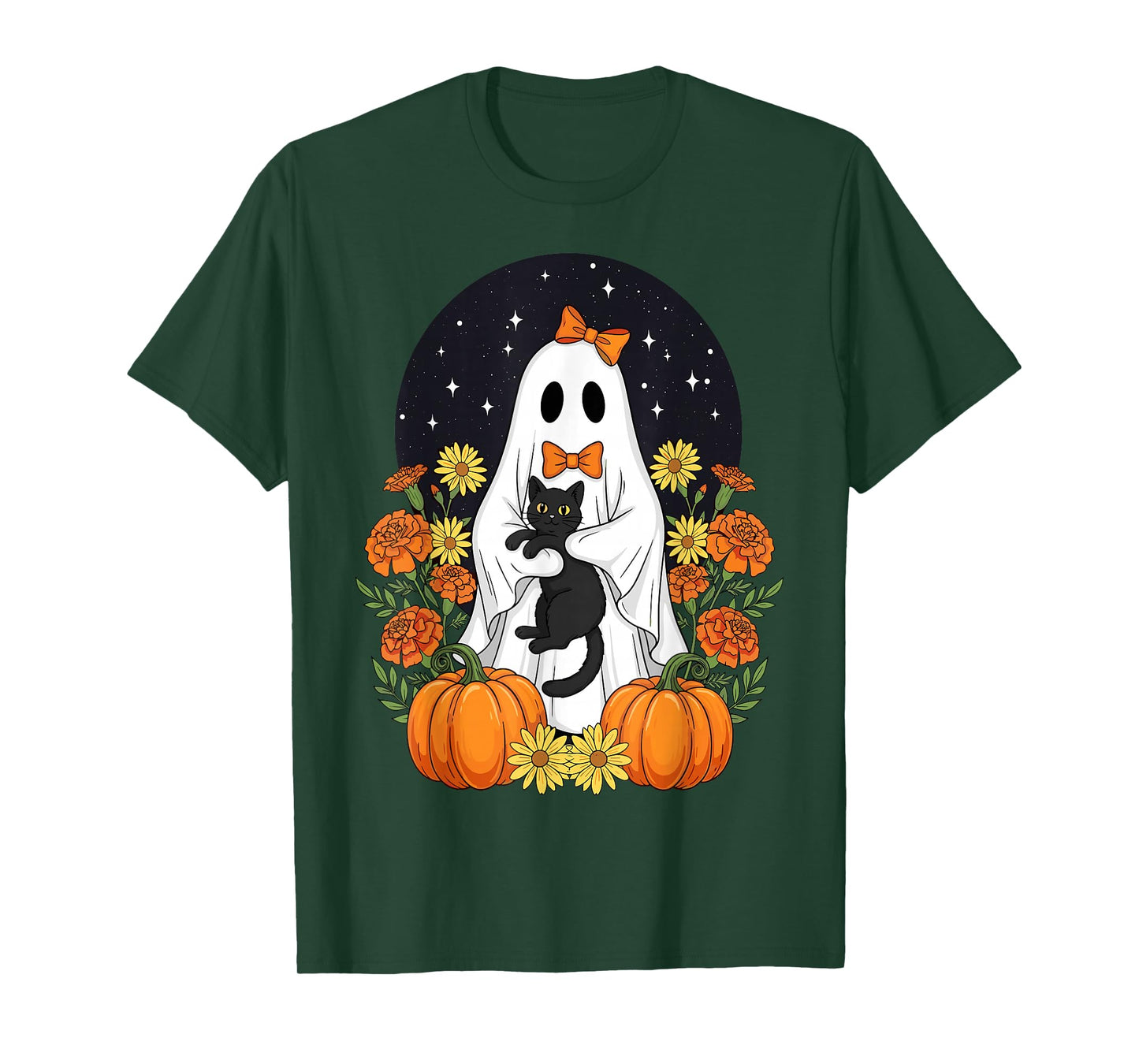 Vintage Halloween Ghost Holding Black Cat Groovy Floral T-Shirt