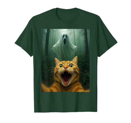 Scared Cat Selfie with Ghost | Funny Halloween Costume T-Shirt