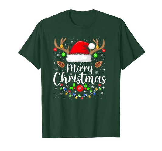 Merry Christmas Lights Red Santa Hat Xmas Family Men Women T-Shirt