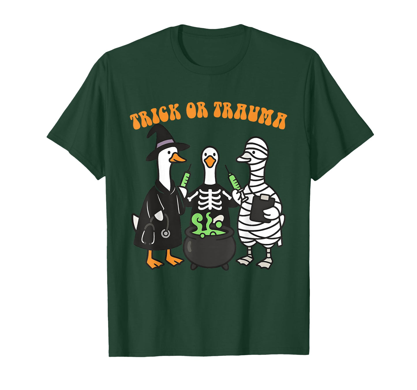 Trick Or Trauma Cute Ghost Nurse Therapy Halloween Goose T-Shirt