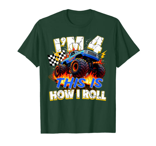 Funny 4 Year Old Birthday Boy Monster Truck 4th Bday Kids T-Shirt