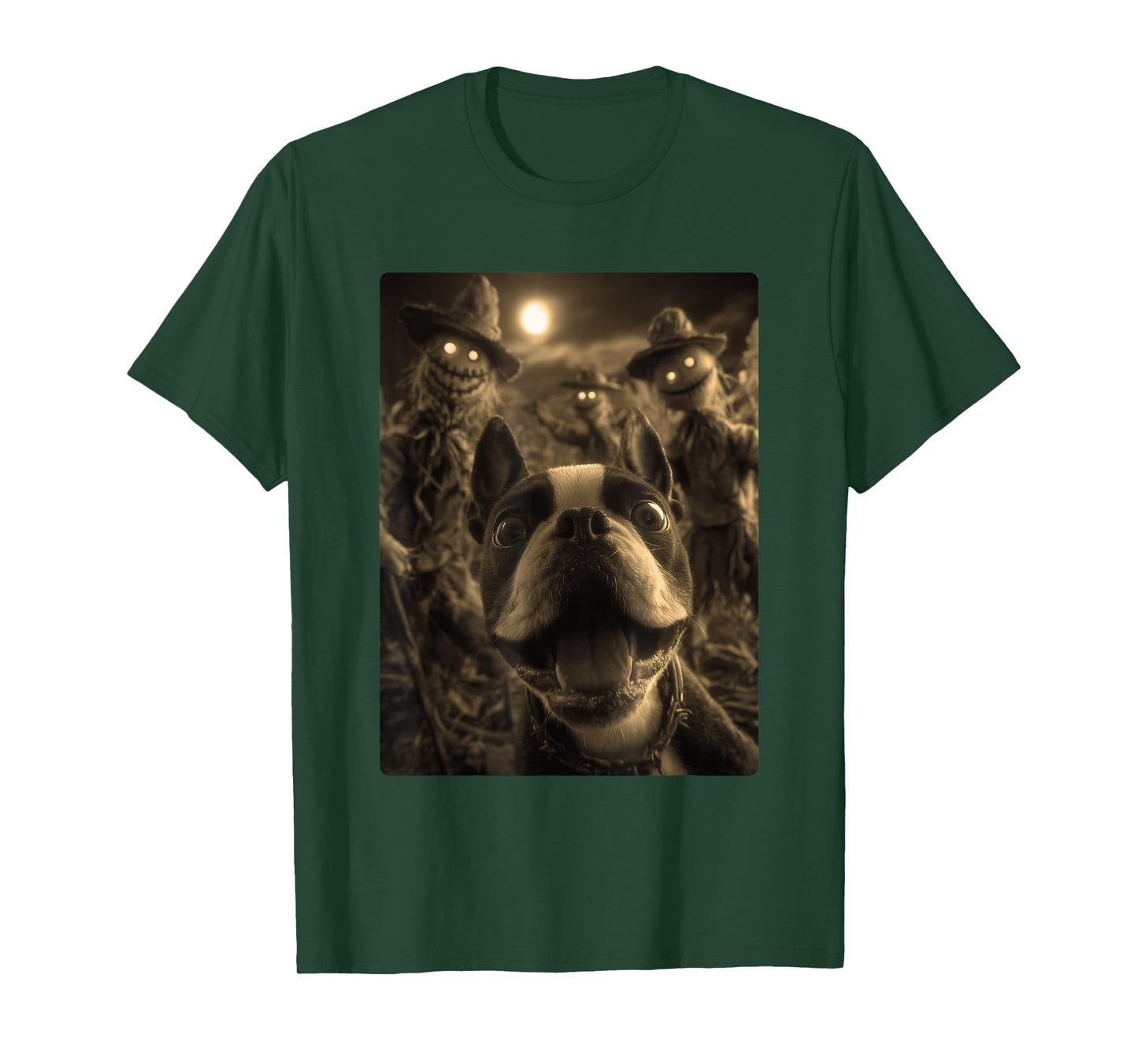 Vintage Boston Terrier Selfie Spooky Scarecrows Halloween T-Shirt