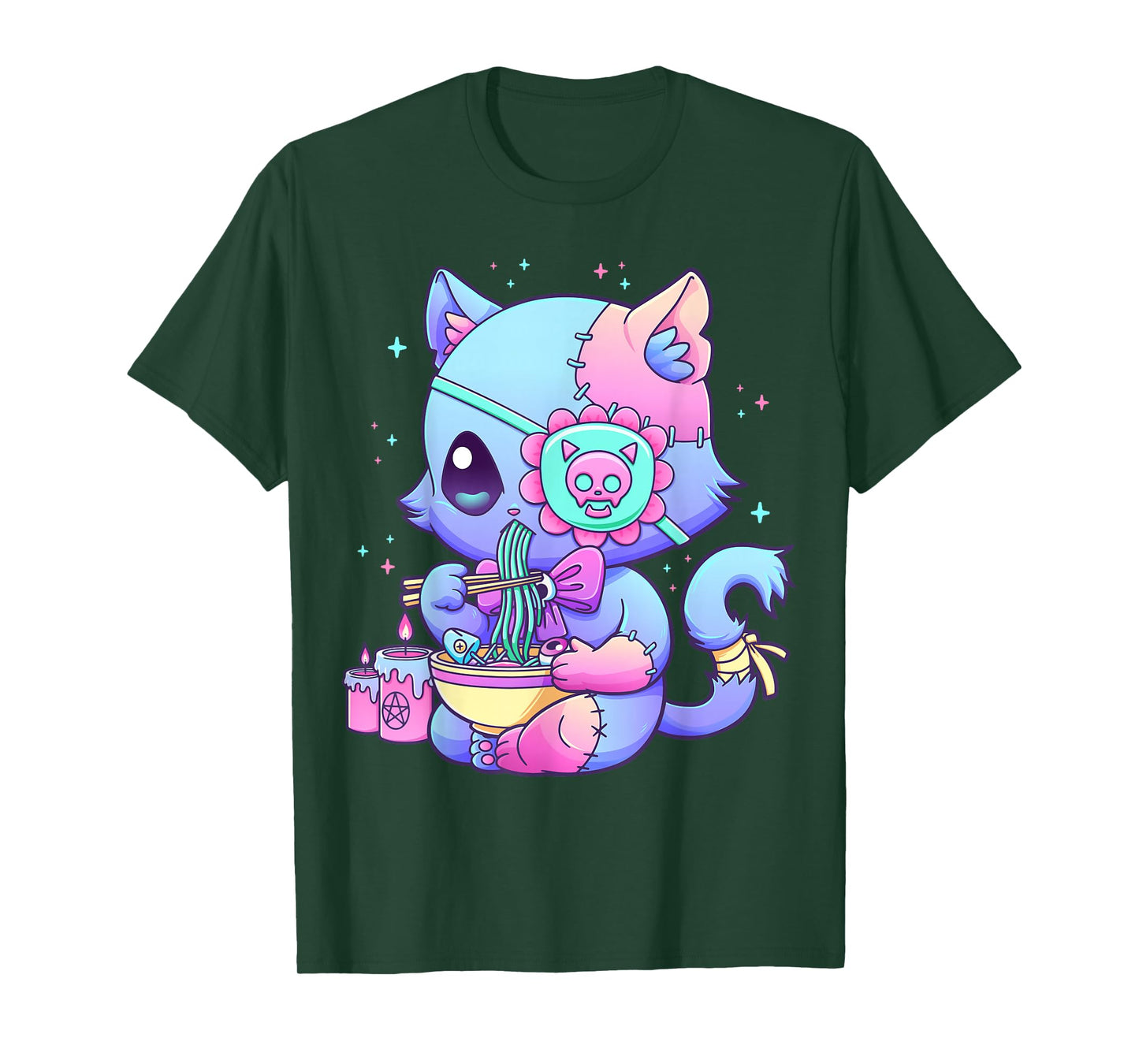 Pastel Goth Aesthetic Kawaii Creepy Cat Eating Ramen Noodles T-Shirt