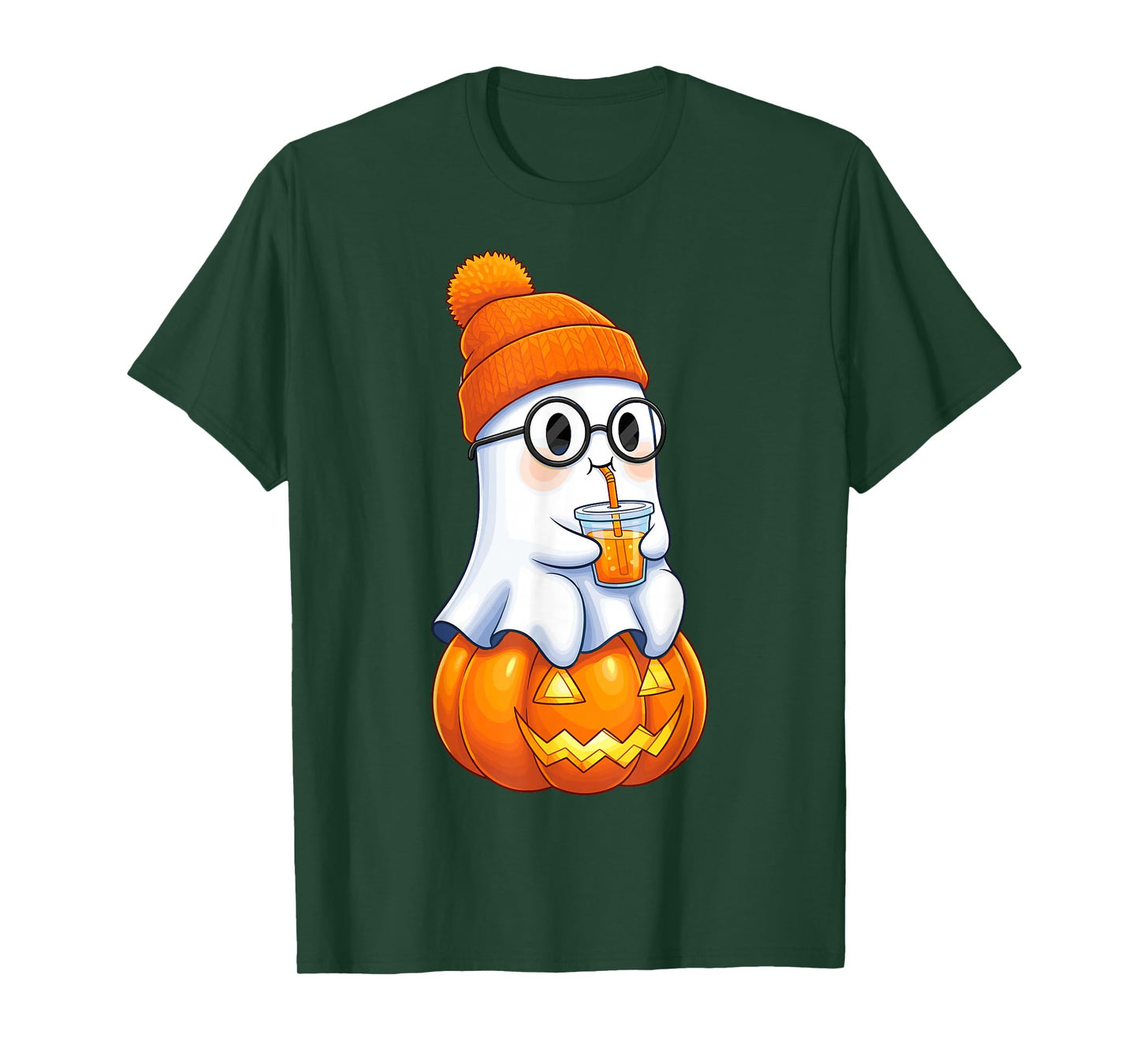 Ghost with Bubble Tea and Pumpkin Halloween T-Shirt