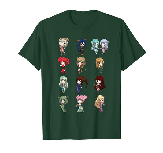 12 Horoscope Kawaii Anime Girl Zodiac Signs Astrology T-Shirt
