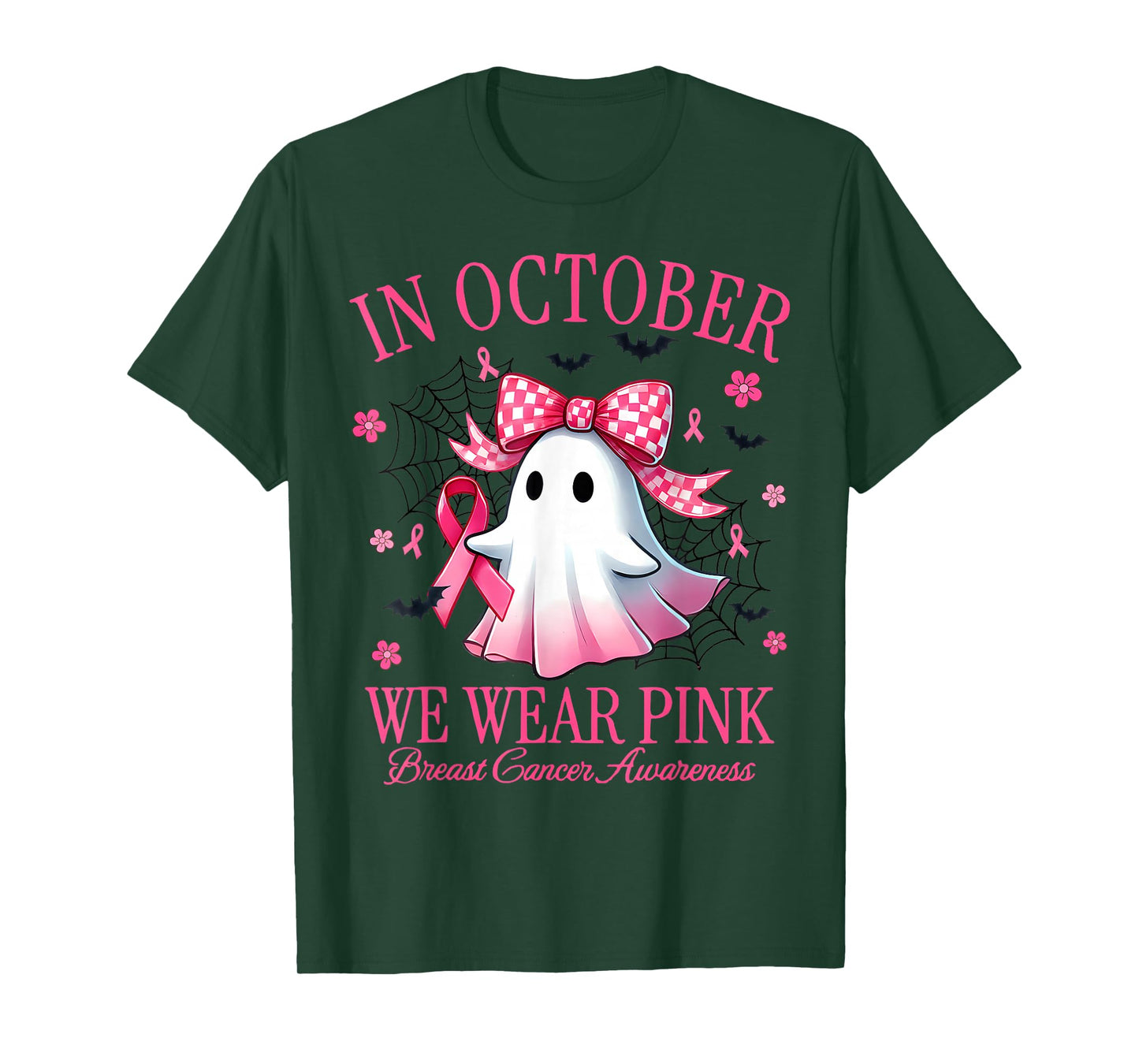 in October We Wear Pink Ghost Witch Breast Cancer Awareness T-Shirt
