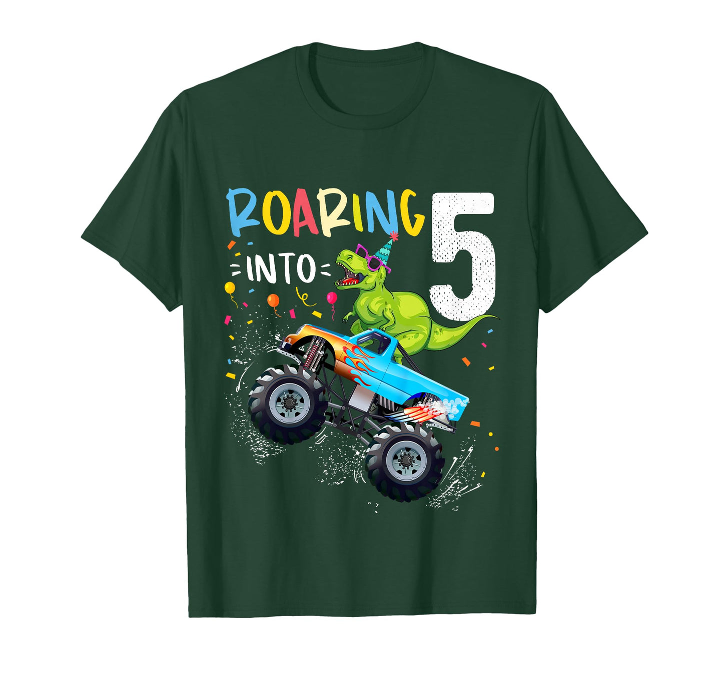 5th Birthday T Rex Dinosaur Monster Truck Boys and Girls T-Shirt