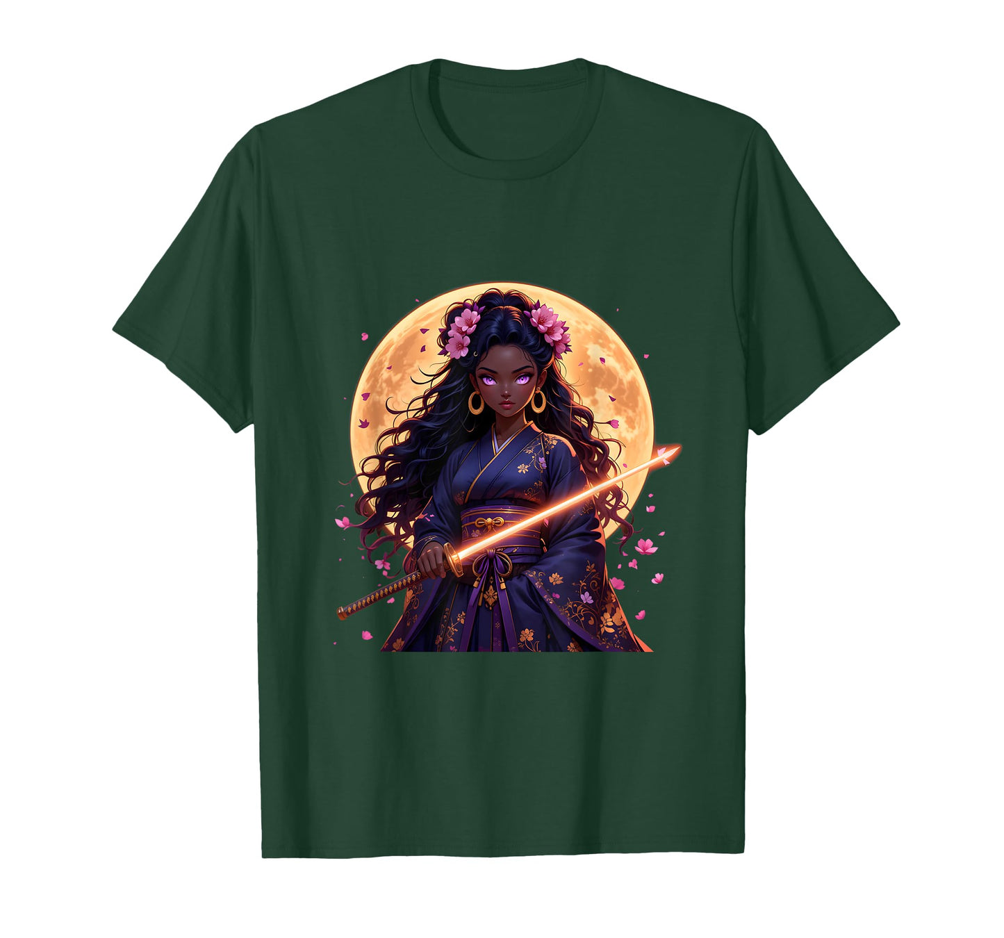 Black Woman Japanese Anime Samurai Girl Black Cat Women T-Shirt