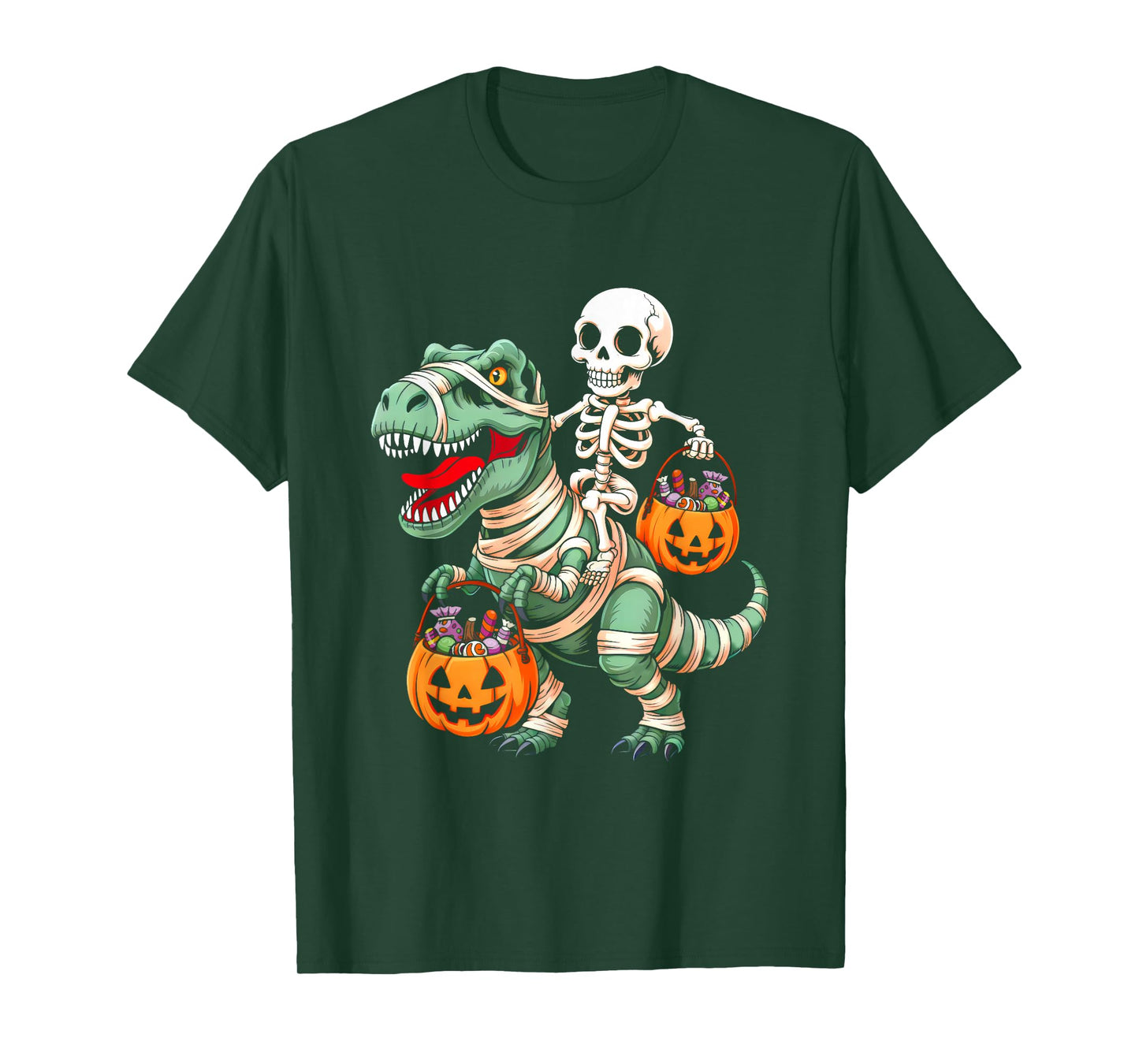 Skeleton Riding Mummy Dino Pumpkin Candy Halloween Costume T-Shirt