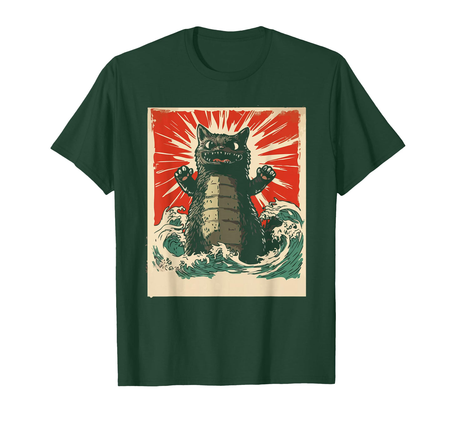 Epic Monster Cat Rising From Waves Retro Kawaii Men Kids T-Shirt