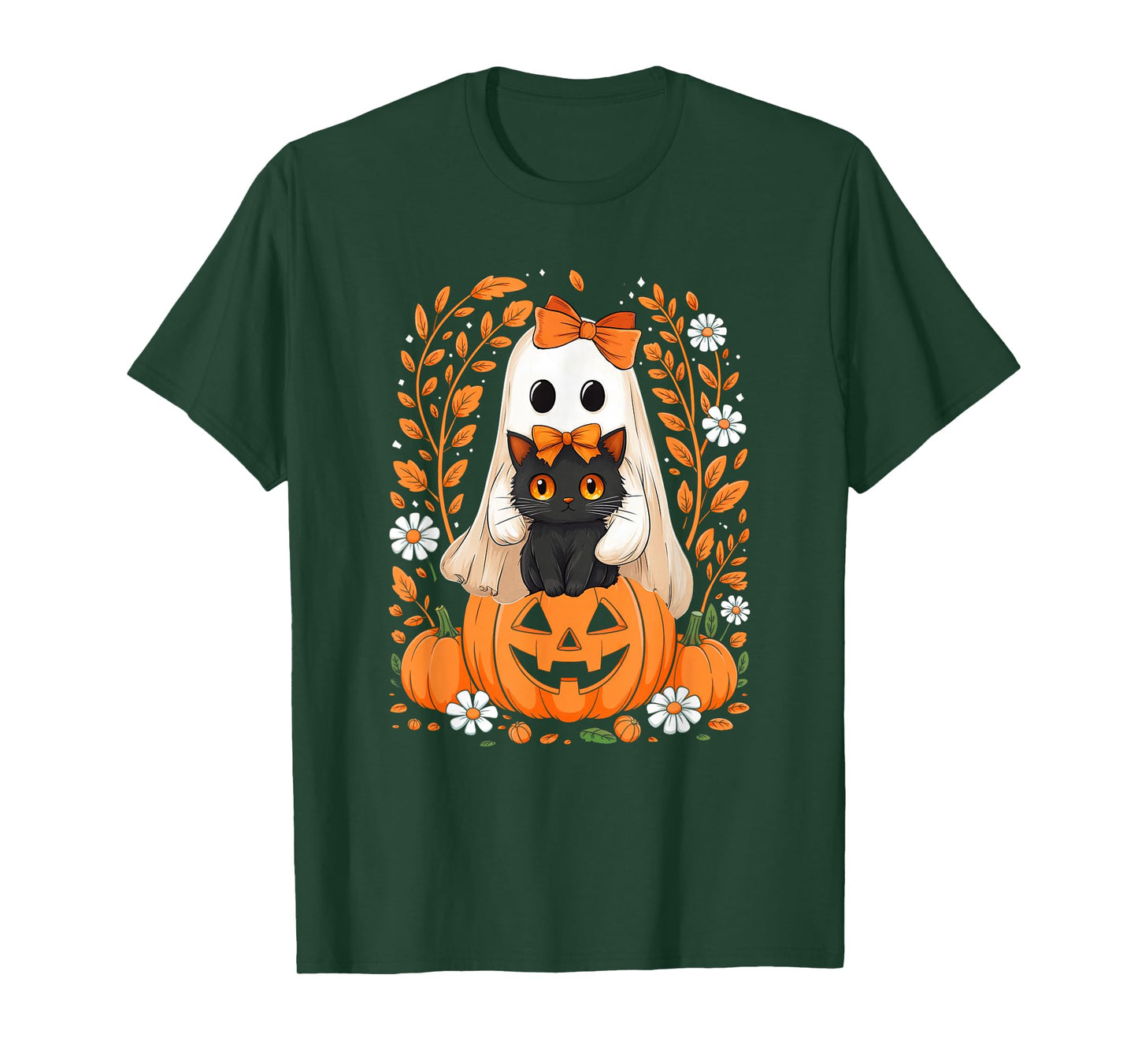 Vintage Halloween Ghost Holding Black Cat Groovy Floral T-Shirt
