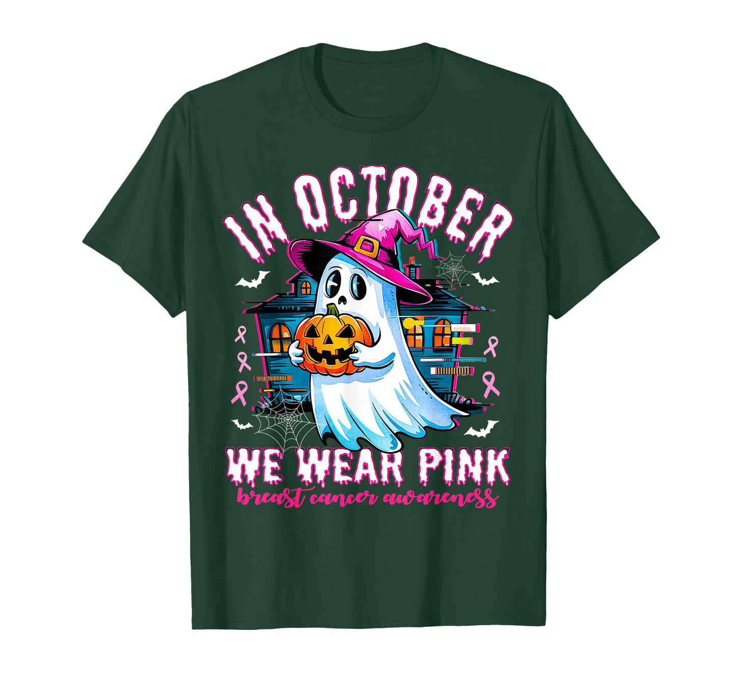 In October we Wear Pink With Ghost Breast Cancer Awareness T-Shirt