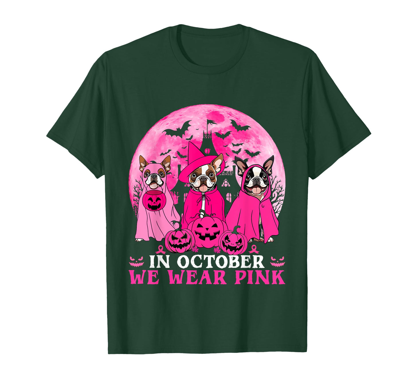 Ghost And Witch Boston Terrier Dog In October We Wear Pink T-Shirt