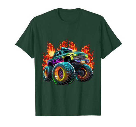 Monster Truck Flame Retro Monster Truck Birthday Boy Party T-Shirt